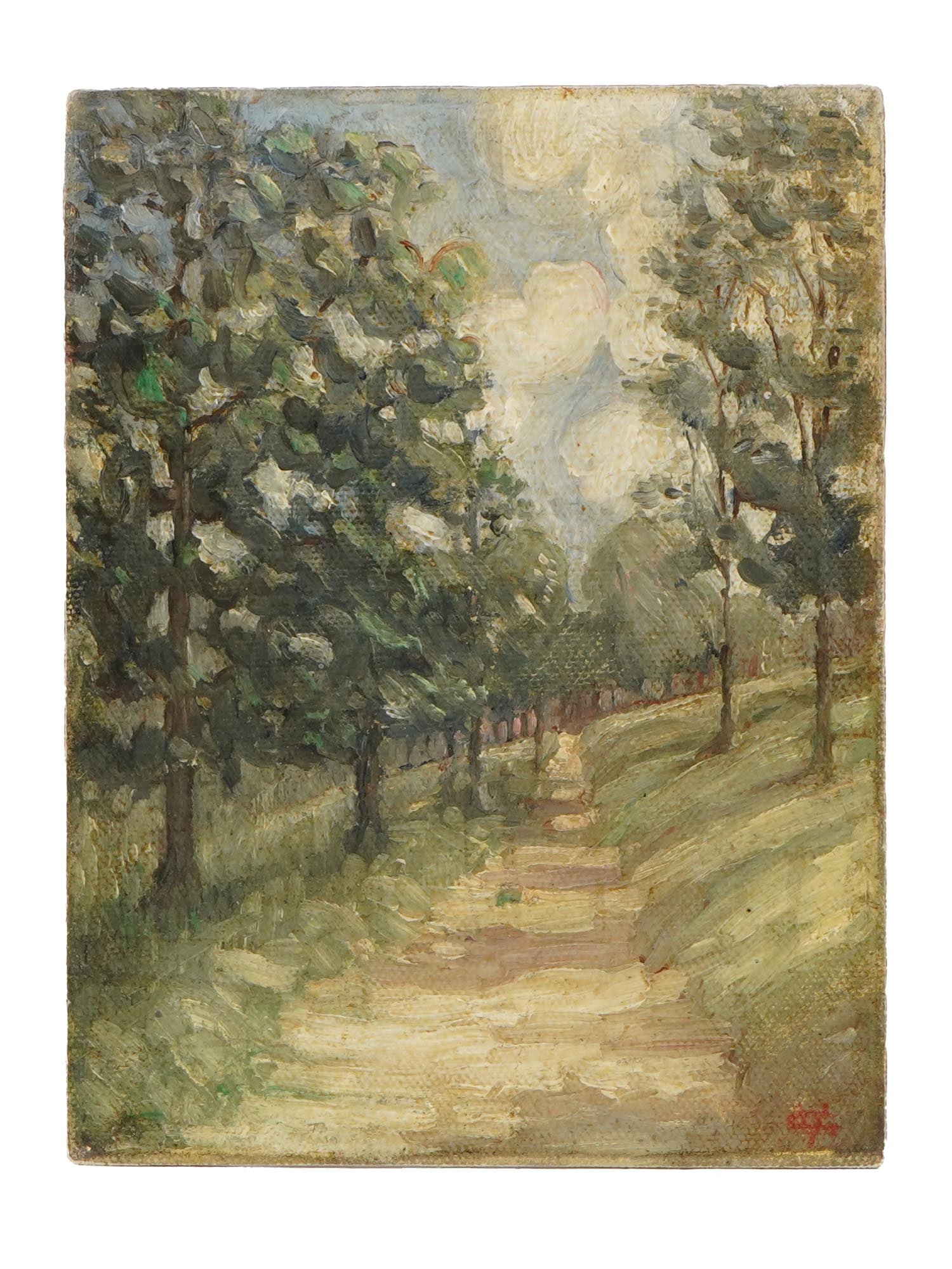 FOREST LANDSCAPE OIL PAINTING SIGNED: An oil on canvas painting depicting a forest landscape. Signed in the lower right. It depicts a dirt path leading through a forest or grove of trees. The trees are loosely painted with visible brushst