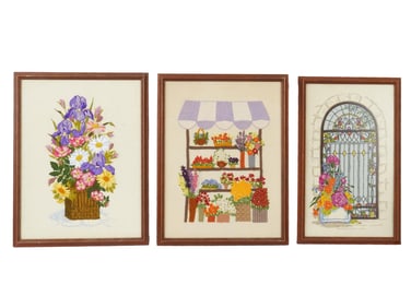 VINTAGE HANDMADE EMBROIDERIES OF FLORAL COMPOSITIONS