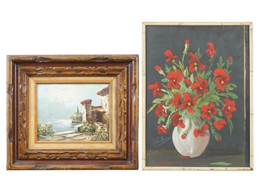 OIL MARINE SCENE AND WATERCOLOR STILL LIFE PAINTINGS