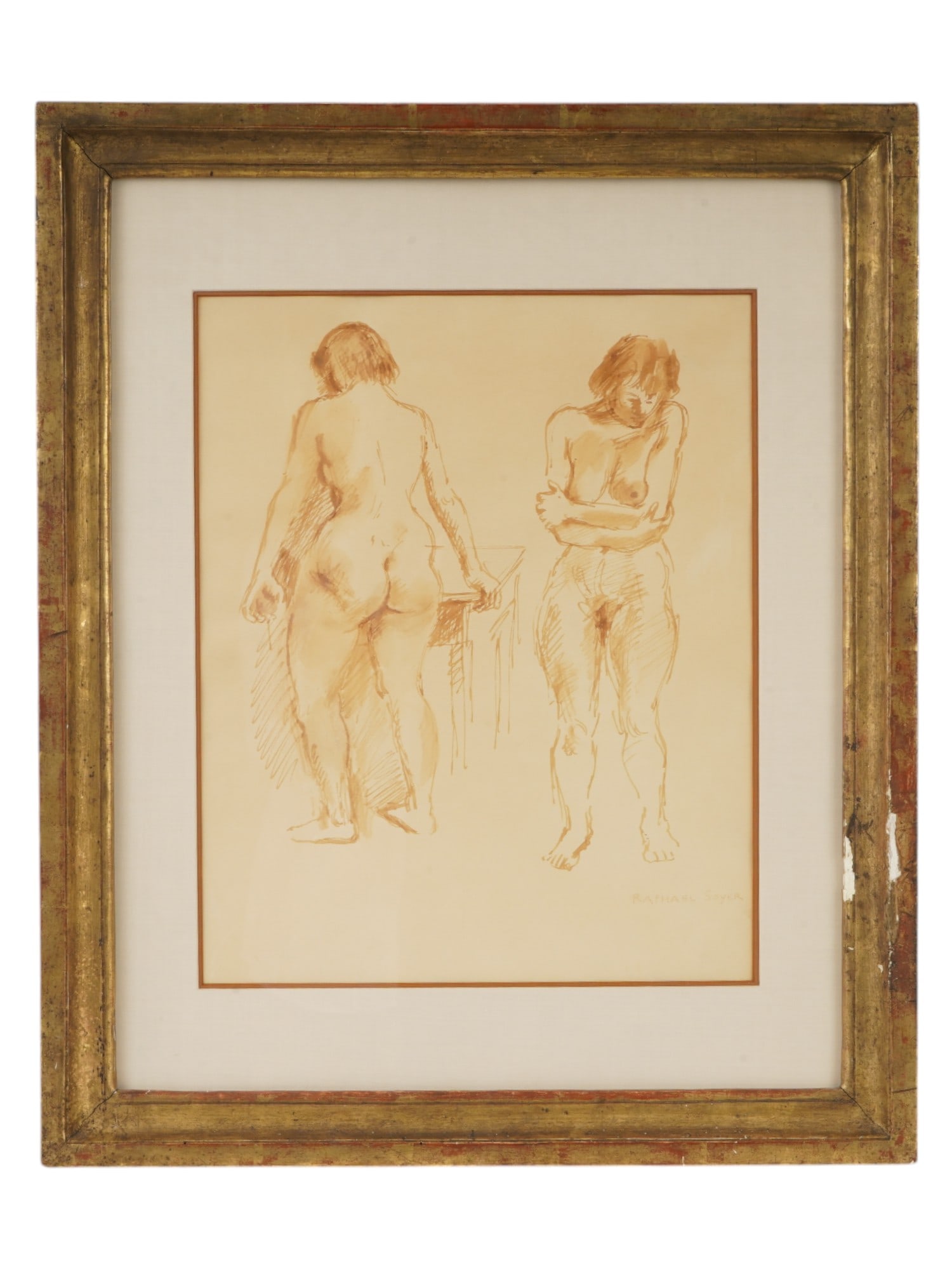 RAPHAEL SOYER AMERICAN FEMALE NUDE WATERCOLOR PAINTING: Watercolor on paper painting by Raphael Zalman Soyer, 1899 to 1987, an American artist and printmaker associated with Social Realism. This lot is a study of female nude, full-length from the front and