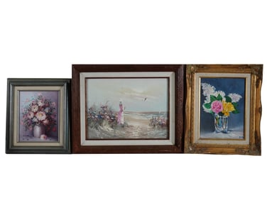 MID CENTURY FLOWERS AND SEASHORE OIL PAINTINGS SIGNED
