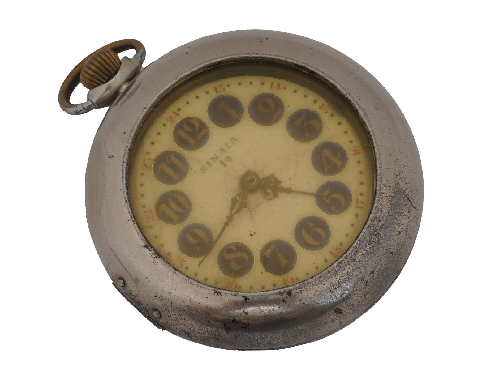 ANTIQUE EUROPEAN SINAIA POCKET WATCH LIDDED CASE: An antique European Sinaia mens pocket watch. A white enameled porcelain dial with gold tone and cobalt blue numerals and Gothic style hands. Marked, Sinaia 1a, on the dial. Completed with a covered g