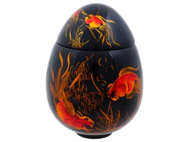 VINTAGE VIETNAM EGG SHAPED LACQUER BOX GOLDFISH MOTIF