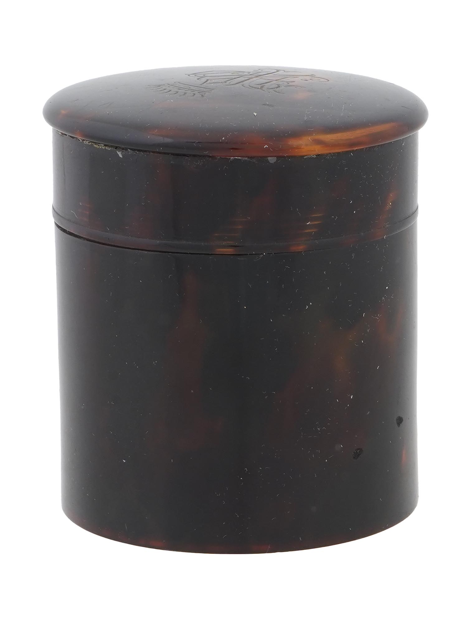 FRENCH VICTORIAN MANNER CYLINDER SHAPED MONOGRAM BOX: A French Victorian manner cylindrical shaped covered box. The cover is adorned with an etched Royal monogram with a crown on the top. Antique and Vintage European Boxes and Cases For Collectors.