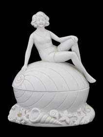 VINTAGE ART DECO PORCELAIN TRINKET BOX GIRL ON SHELL