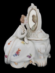 VTG PORCELAIN TRINKET BOX W WOMAN FIGURE AND MIRROR