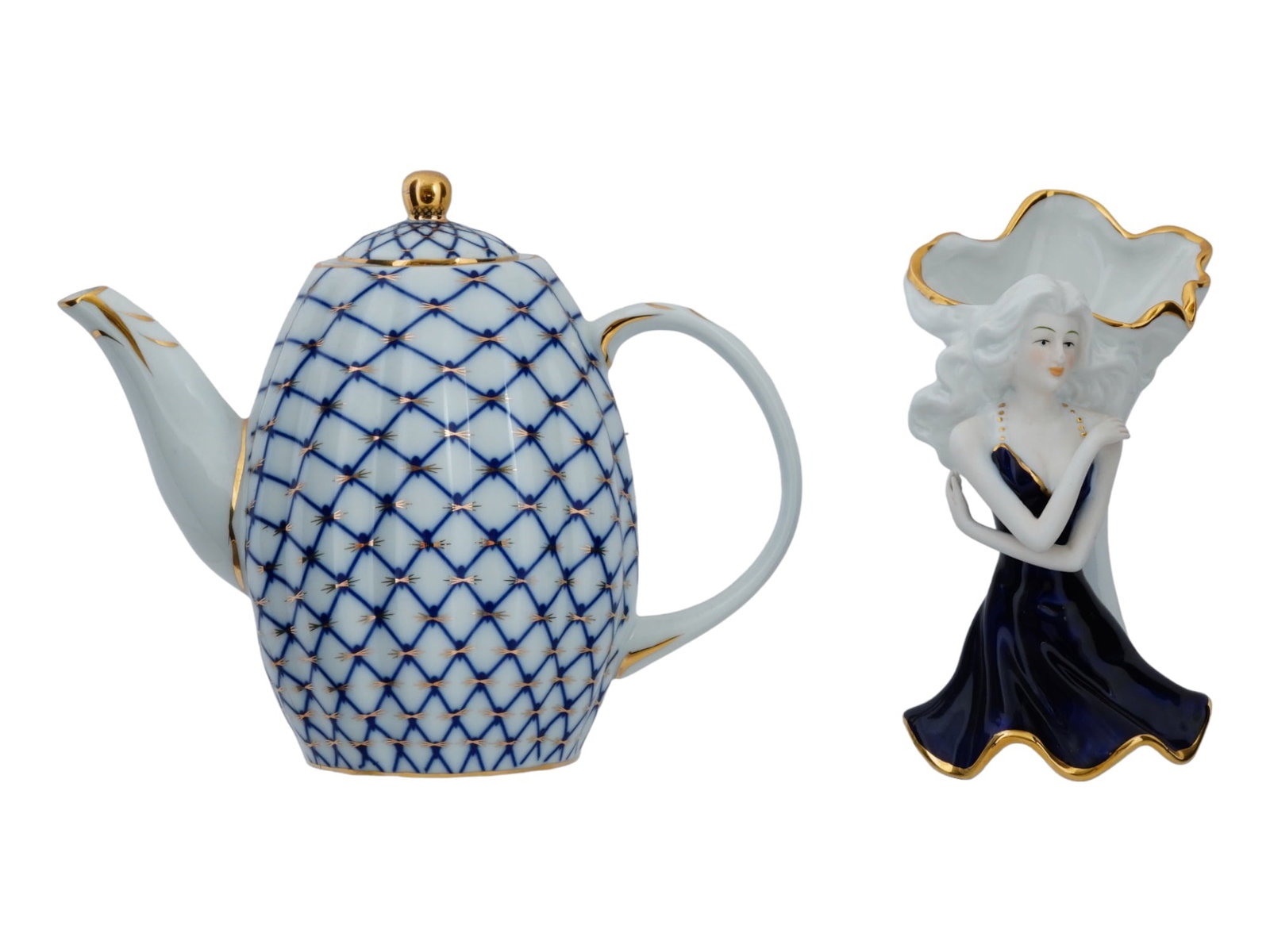 VINTAGE PORCELAIN VASE AND COBALT NET COFFEE POT: A pair of vintage glazed porcelain items. First. A coffee pot of cobalt net design with gilt accents. In the style of Russian Imperial Porcelain Manufactory. Marked Alpine Cuisine, Fine Porcelain Desi