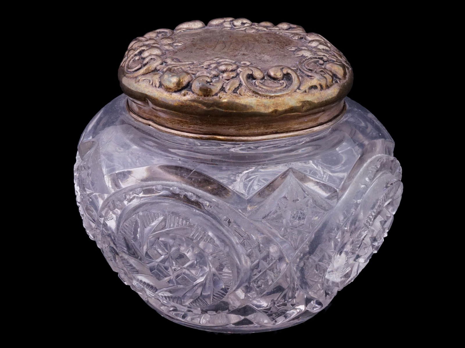 ANTIQUE STERLING SILVER AND CUT GLASS DRESSER JAR (1 of 9)