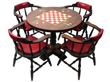 VINTAGE AMERICAN GAMBLING TABLE AND FOUR ARMCHAIRS