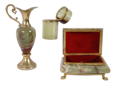 MID CENTURY ITALIAN ONYX VANITY BOXES AND PITCHER