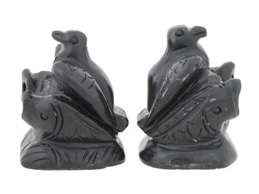 PAIR OF ASIAN MANNER CARVED STONE FIGURAL BOOK ENDS