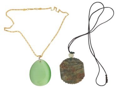 TWO VINTAGE GOLD AND JADE PENDANT NECKLACES