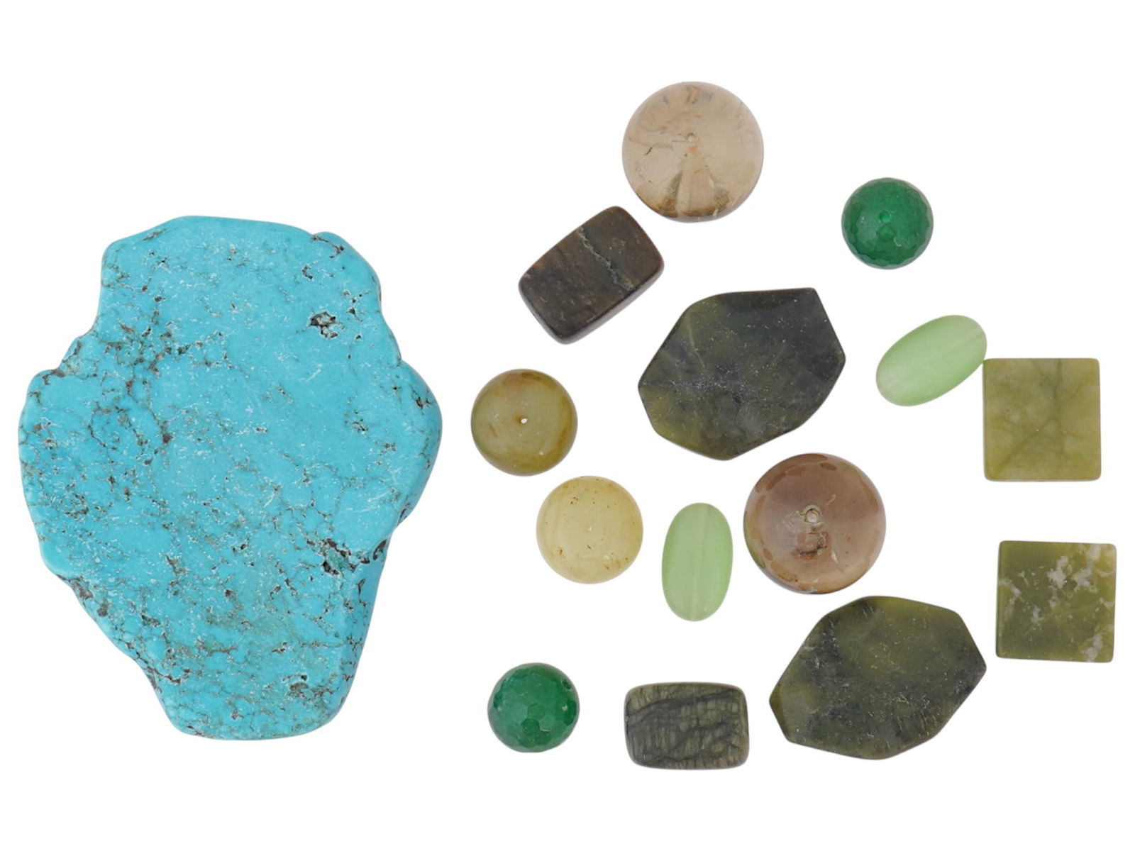 LOT OF CARVED JADE TURQUOISE STONE BEADS PIECES: A collection of fifteen assorted stone beads and pieces in various sizes and shapes. The collection includes carved Jade, Turquoise and other stones. Antique and Vintage Asian and Oriental Carved Ston