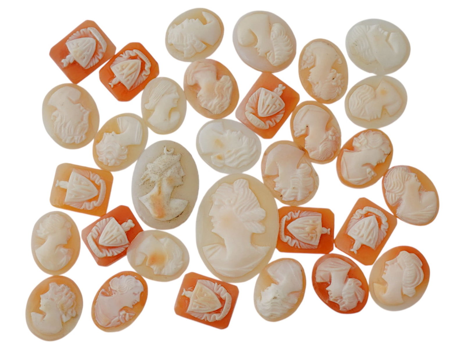 COLLECTION OF ANTIQUE HAND CARVED CAMEOS: A collection of antique hand carved cameos, dating to the late 19th to early 20th century. Each piece is crafted from conch shell, featuring coats of arms and female portraits rendered in high relief.