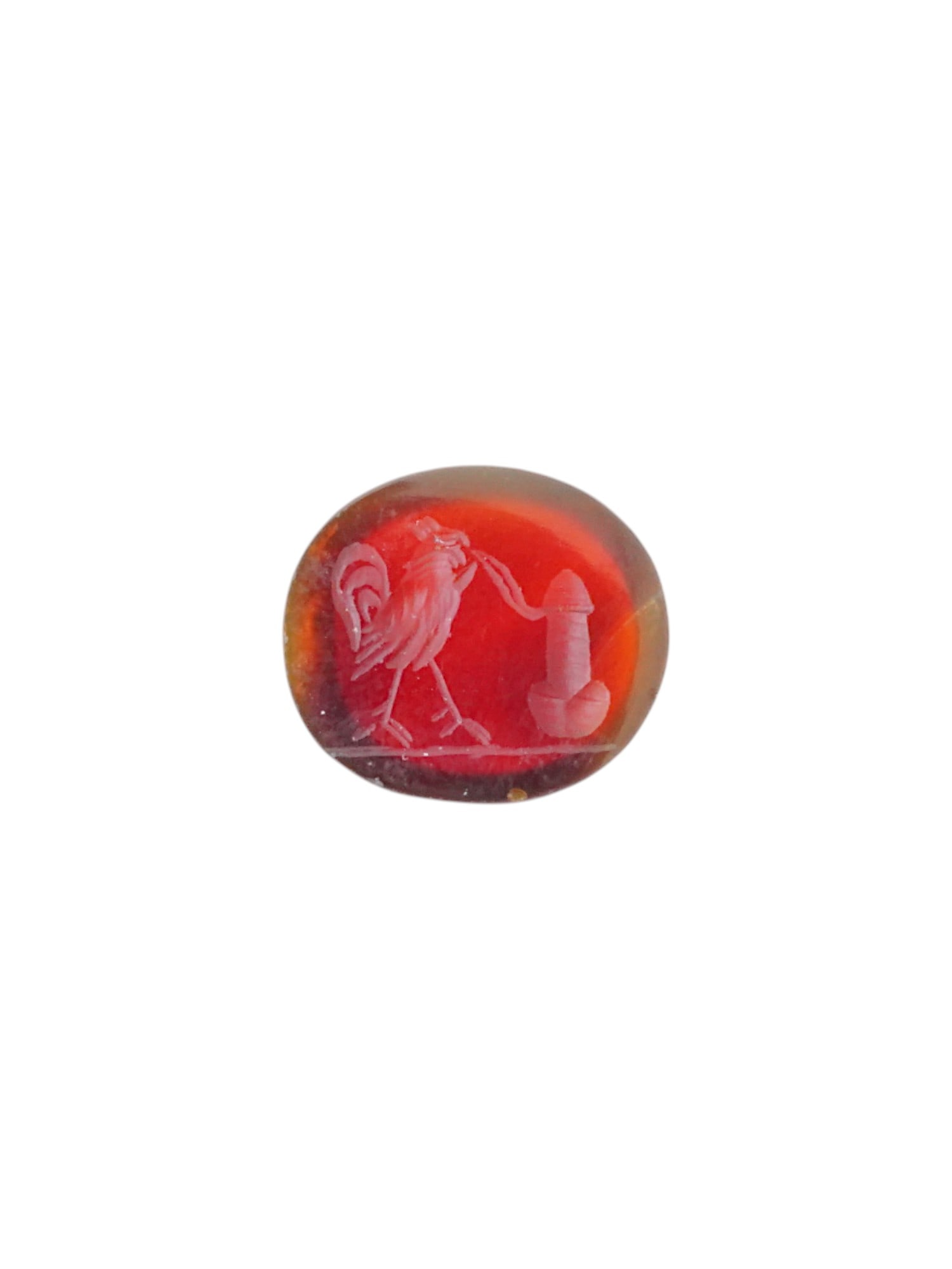 ANTIQUE CARVED CARNELIAN INTAGLIO SEAL W EROTIC SCENE: An antique carved carnelian stone intaglio featuring a detailed erotic scene in an ancient manner. Such intaglios were used as personal seals, amulets, or decorative jewelry, showcasing the Romans app