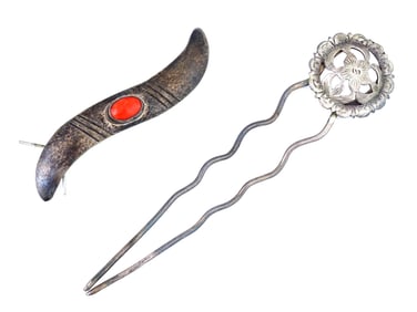 VINTAGE SILVER HAIR CLIP WITH CORAL AND HAIRPIN