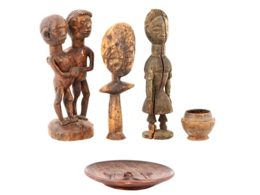 5 VINTAGE AFRICAN WOODEN FIGURES AKUABA PLATE BOWL