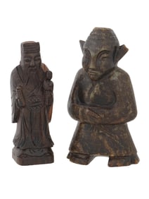 TWO CHINESE CARVED WOOD AND DARK JADE FIGURINES