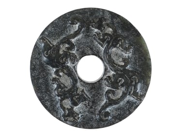ANTIQUE CHINESE HAND CARVED JADE BI DISC W DRAGONS