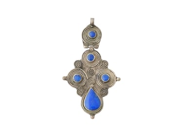 ANTIQUE HOLY LAND LAPIS LAZULI SILVER CROSS PENDANT