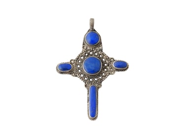 ANTIQUE HOLY LAND LAPIS LAZULI SILVER CROSS PENDANT