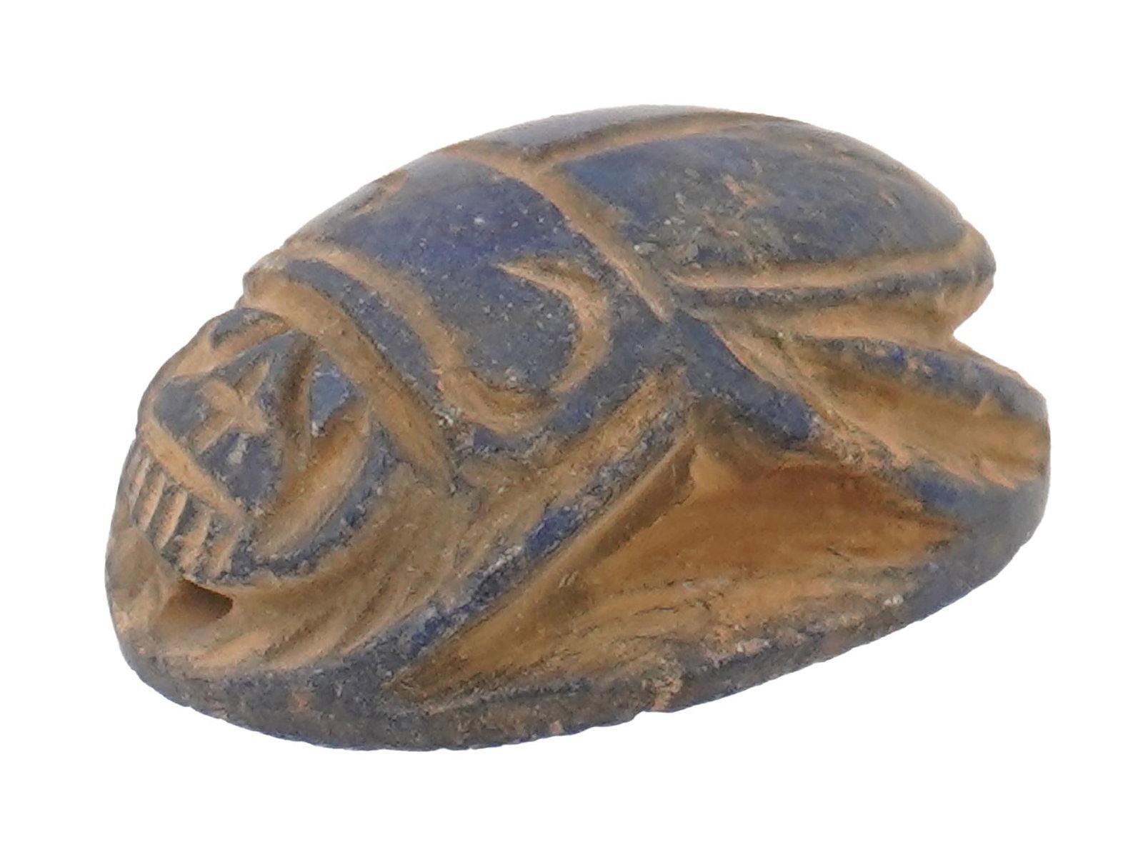 ANCIENT EGYPTIAN CARVED LAPIS LAZULI STONE SCARAB BEAD: An ancient Egyptian hand carved of Lapis Lazuli stone scarab bead, holding immense historical and religious significance. Middle Kingdom, 2040 to 1786 BC. Scarabs were symbolic in ancient Egyptian fun