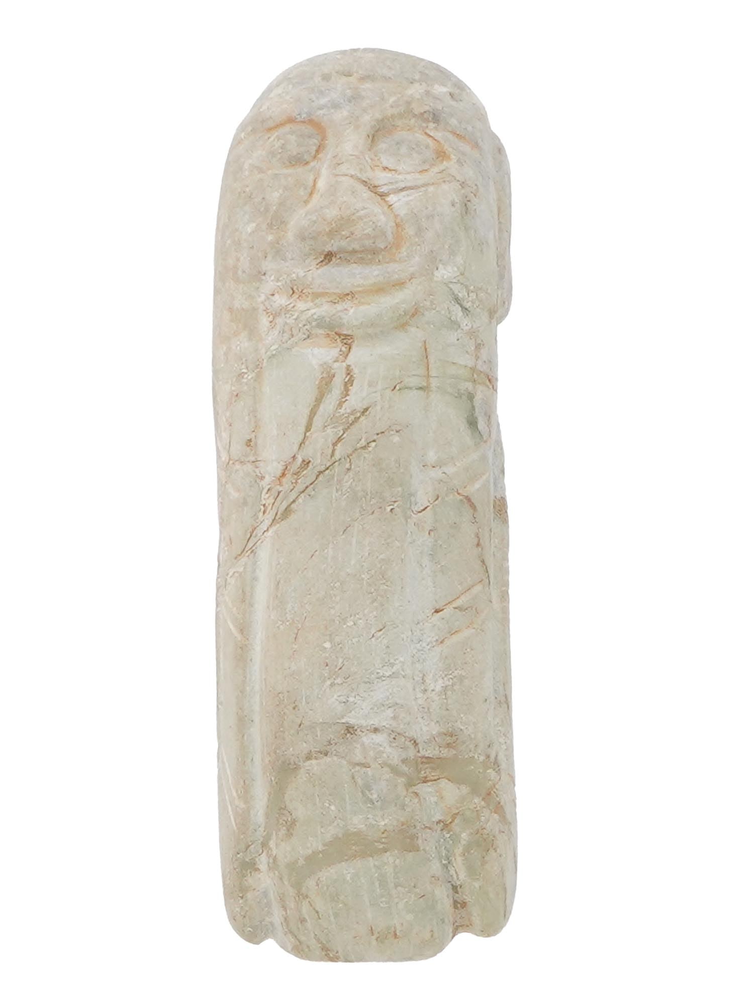 ANTIQUE ASIAN ELONGATED BEARDED HEAD FIGURE 1300 AD: An antique Asian hand carved light green jade, elongated bearded head figure. The hole at the bottom may indicate its use as the top of a staff. Circa 1300 AD. Ancient Sculptures, Home Decor, Museum P