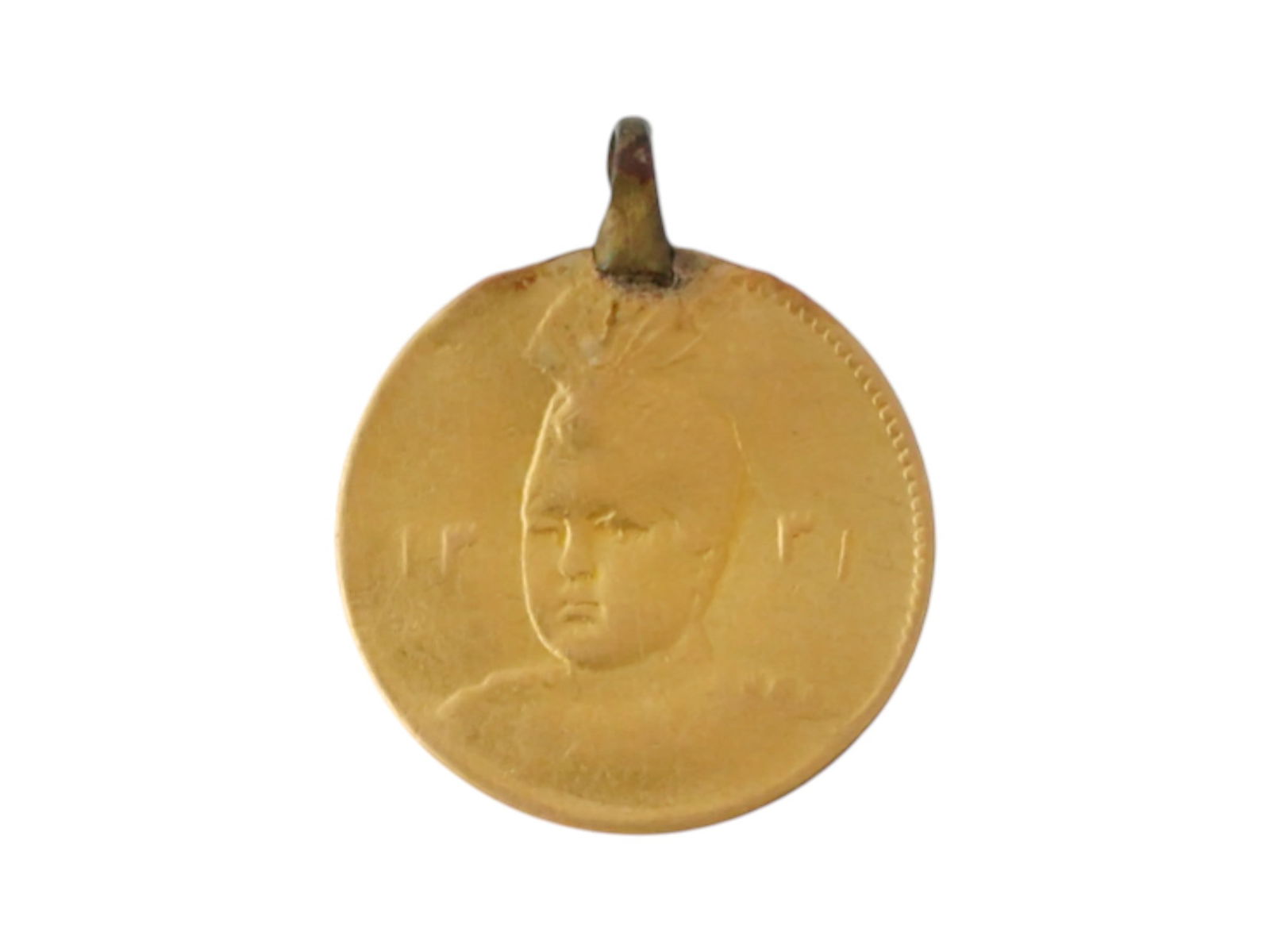 PERSIAN AHMAD SHAH SULTAN KING 22K GOLD COIN PENDANT: An antique Persian Ahmad Shah Sultan King of Qajar 22K Gold coin pendant. The coin depicts a portrait of Sultan King of Qajar on the obverse, and the name of the King is written with Calligraphy in Pe