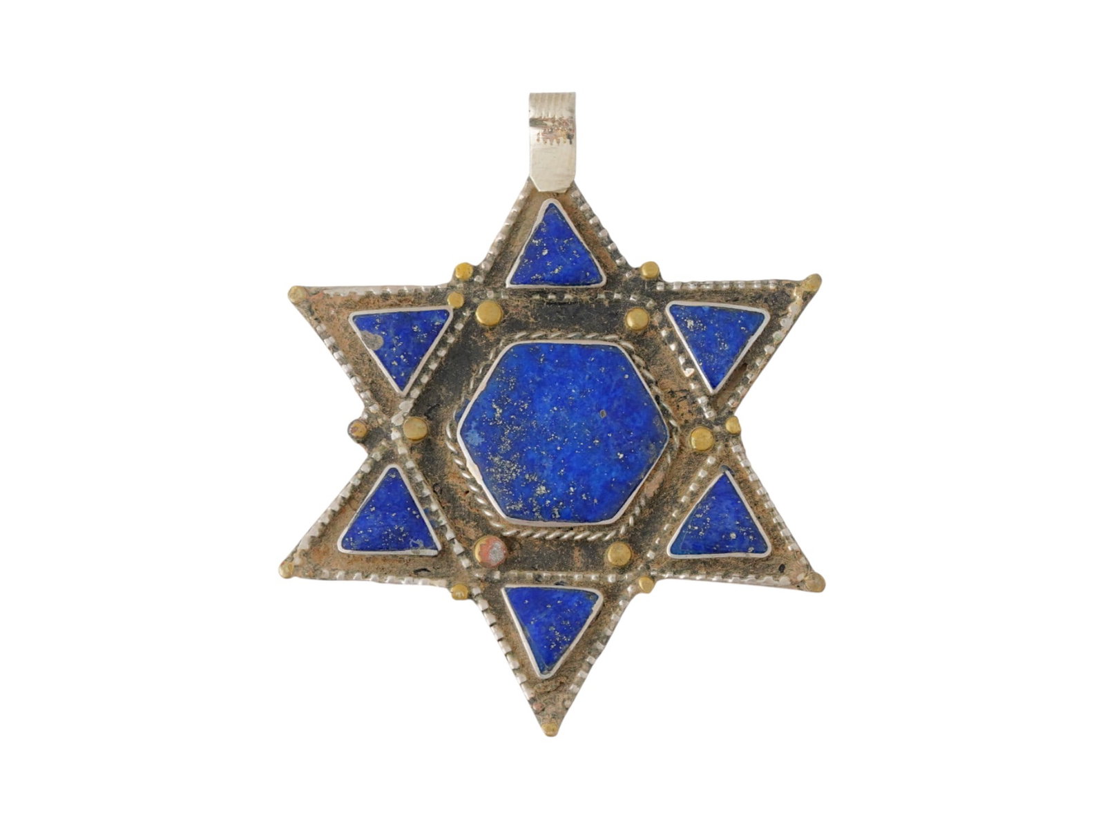 JUDAICA HOLY LAND LAPIS LAZULI SILVER STAR OF DAVID: An antique Judaica Holy Land carved lapis lazuli Star of David inlay set into a silver setting. Circa 19th century. The Magen David is decorated with a dotted openwork pattern along the contour and ha