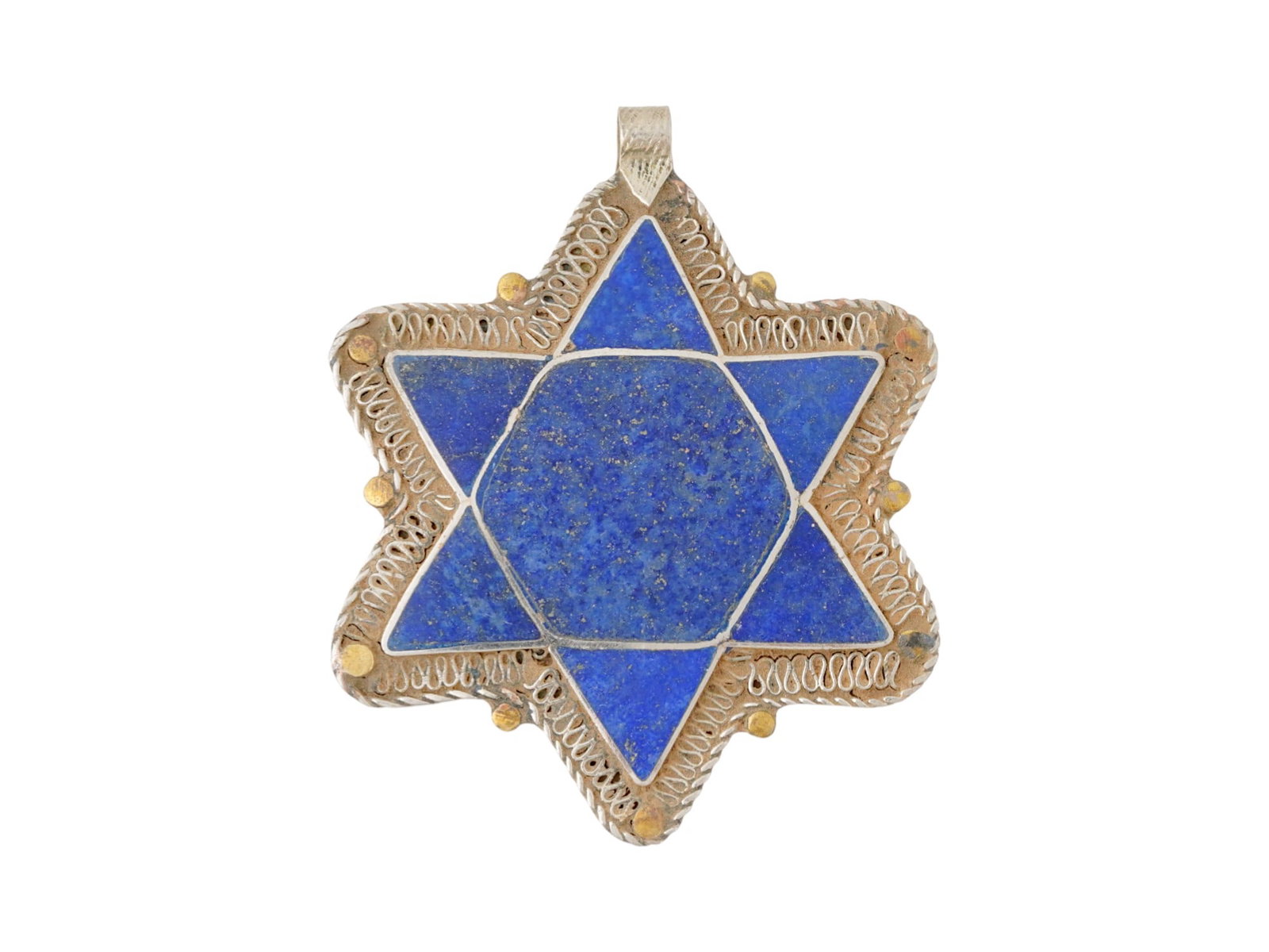JUDAICA HOLY LAND LAPIS LAZULI SILVER STAR OF DAVID: An antique Judaica Holy Land carved lapis lazuli Star of David inlay set into a silver setting. Circa 19th century. The Magen David is decorated with an applied dotted and filigree pattern along the c