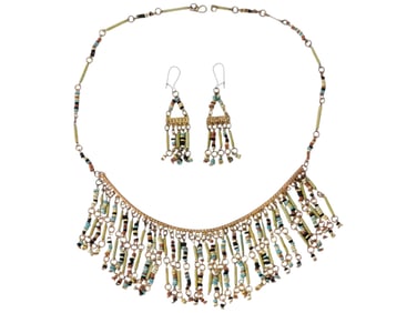 ANCIENT EGYPTIAN BEADS AS GOLD PLATED NECKLACE EARRINGS