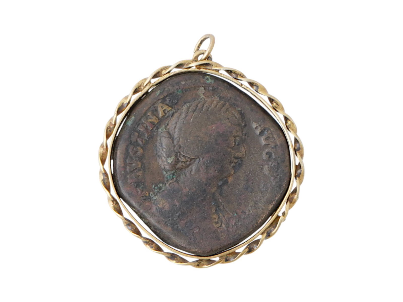 ANCIENT ROMAN BRONZE COIN IN MODERN GOLD SILVER SETTING (1 of 4)