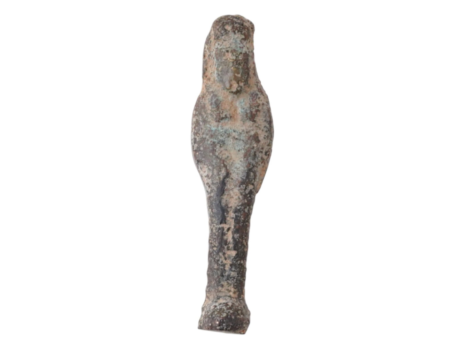 ANCIENT EGYPTIAN 26TH DYNASTY BRONZE MUMMY FIGURINE: An ancient Egyptian bronze Mummy figurine. Circa 26th dynasty, 663 to 525 B.C. The mummy figurine has a traditional form for ancient Egyptian culture, with smooth outlines of a swaddled body and a hig