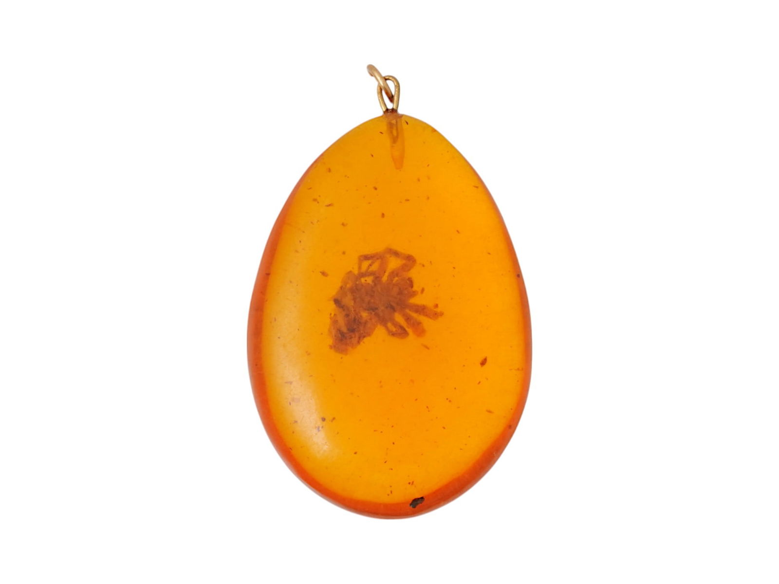 PREHISTORIC AMBER PENDANT WITH ANCIENT SPIDER INCLUSION: A prehistoric drop-shaped amber pendant containing a preserved ancient spider inclusion, dating to approximately 12 million years ago. Formed through natural fossilization processes, this golden-hued