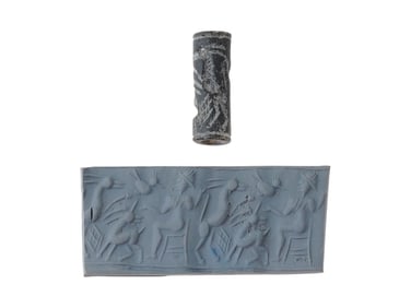 ANCIENT SYRIAN STONE CYLINDER SEAL ANIMALS AND RULER