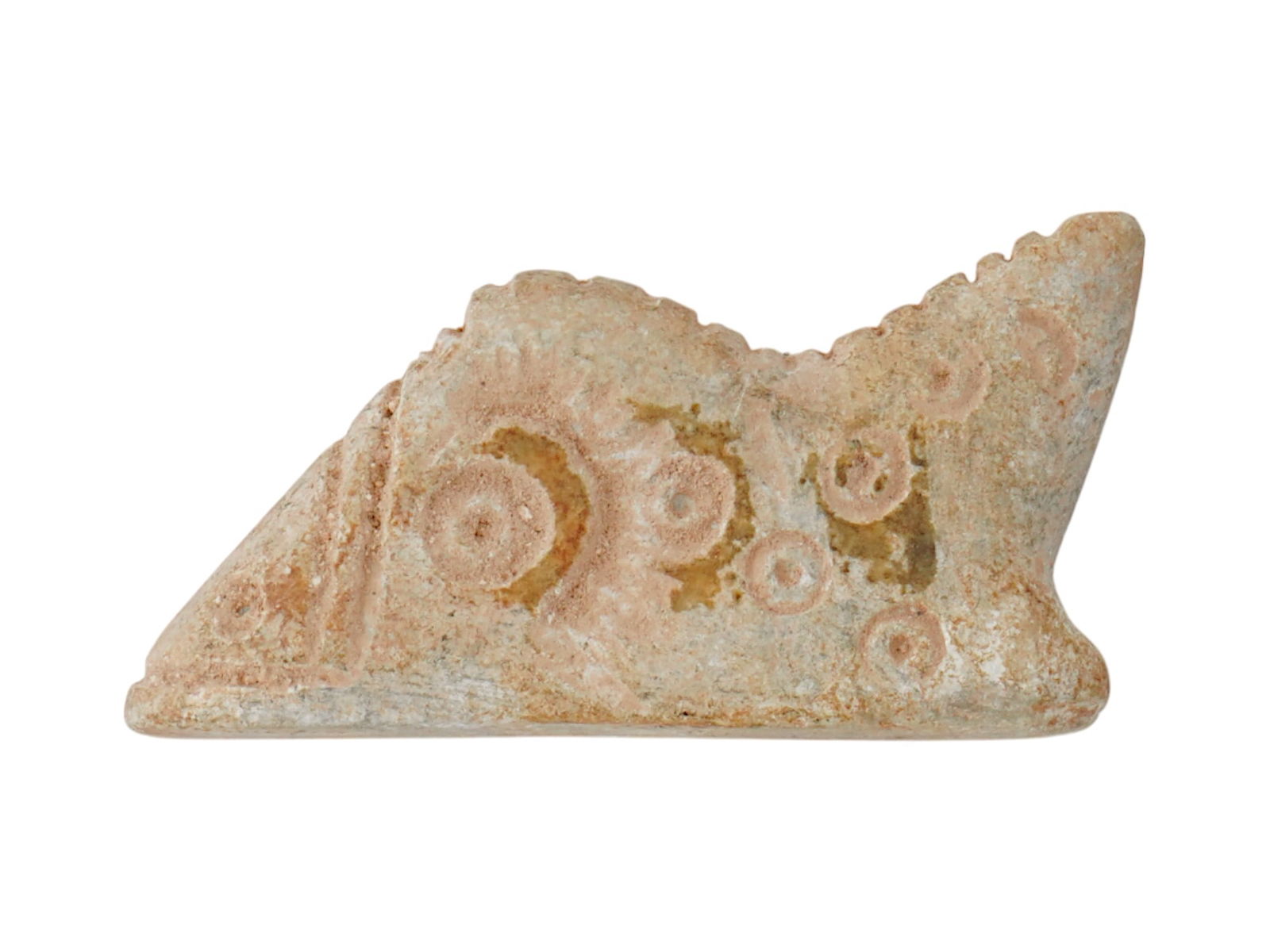 ANCIENT SUMERIAN HAND CARVED SHELL FISH FIGURE: An ancient Sumerian hand carved shell figure of stylized fish with circular markings on the surface. Circa 300 BC. Ancient Historical And Archaeological Relics, Figures, Statues and Collectibles.