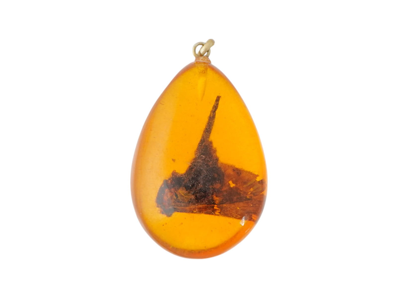 PREHISTORIC AMBER PENDANT WITH A PREHISTORIC MOTH: A prehistoric amber pendant containing a well-preserved prehistoric moth, estimated to be approximately 12 million years old. The teardrop-shaped amber showcases the delicate features of the ancient i