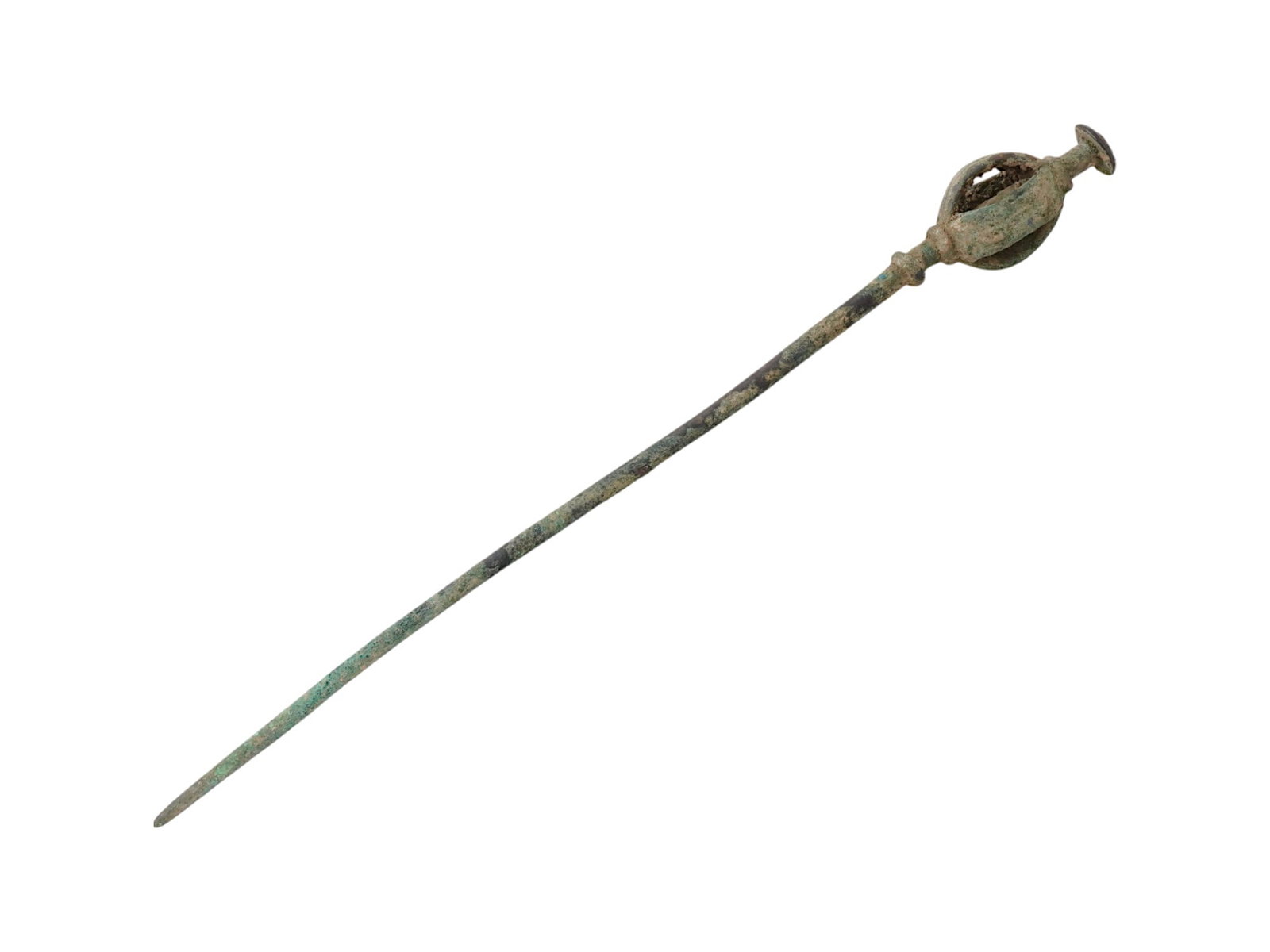 ANCIENT LURISTAN CEREMONIAL GARMENT PIN FRETWORK DESIGN: An ancient Luristan ceremonial garment pin, dating from 1200 to 800 BC, featuring an oval-shaped finial surmounting an open fretwork design. The openwork likely served both a decorative and symbolic p