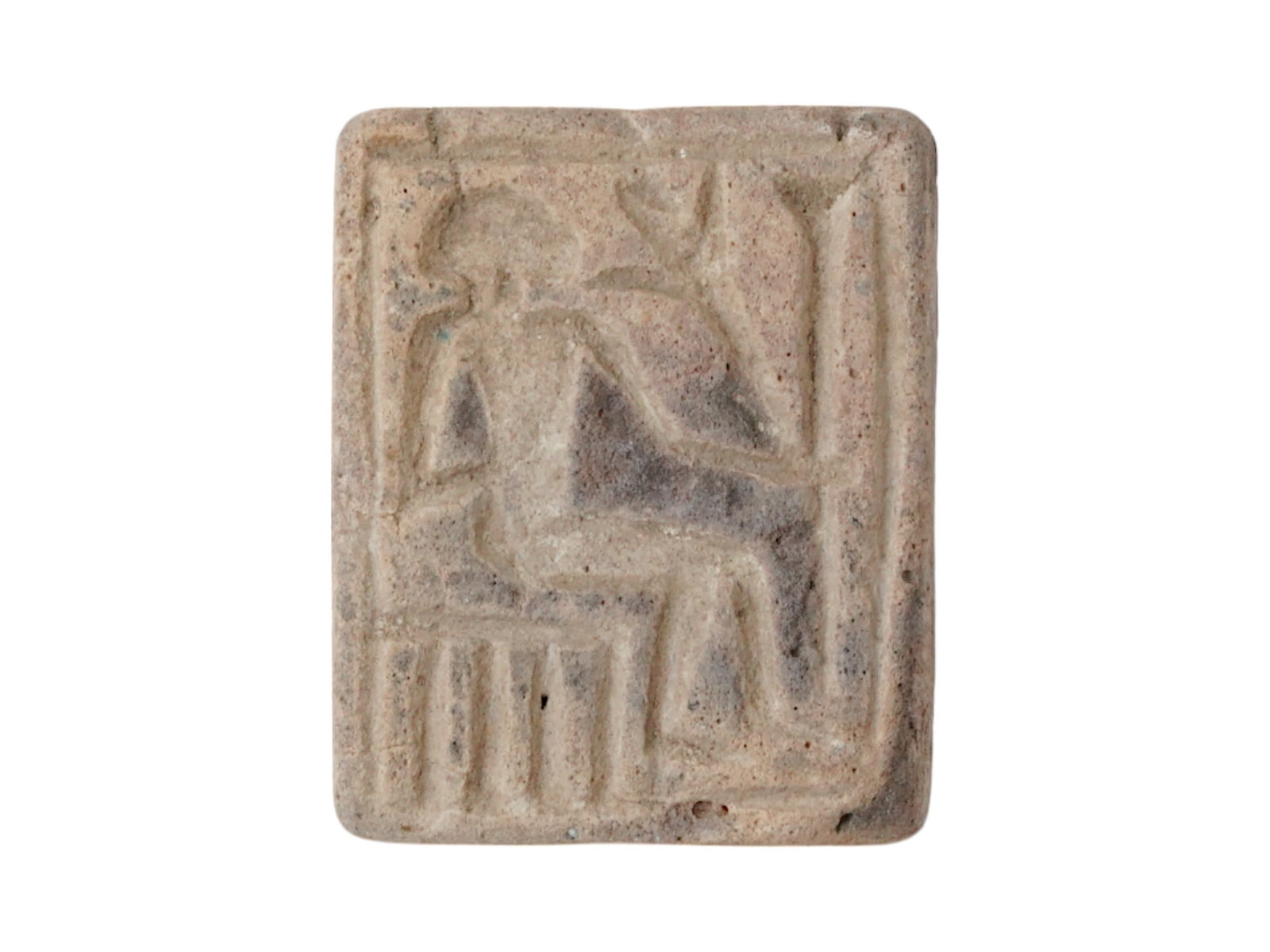 ANCIENT EGYPTIAN SQUARE PENDANT WITH A SEATED RULER: An ancient Egyptian square pendant from the 18th Dynasty, circa 1550 to 1292 BC, featuring a seated ruler depicted on one side and a dog-like animal adorned with geometric designs on the reverse. The 