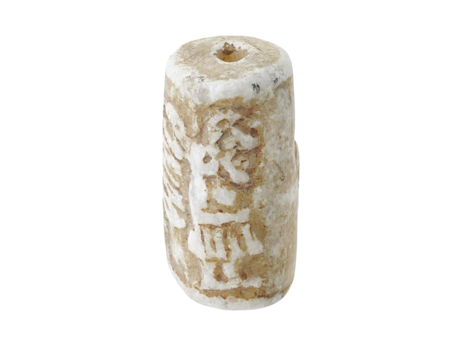 ANCIENT SYRIAN HAND CARVED STONE CYLINDER SEAL 2000 BC: An ancient Syrian hand carved stone cylinder seal features an engraved image of a deer like animal with a standing figure. Circa 2000 BC. Ancient Historical Collectibles, Pendants, Seals and Jewelry C