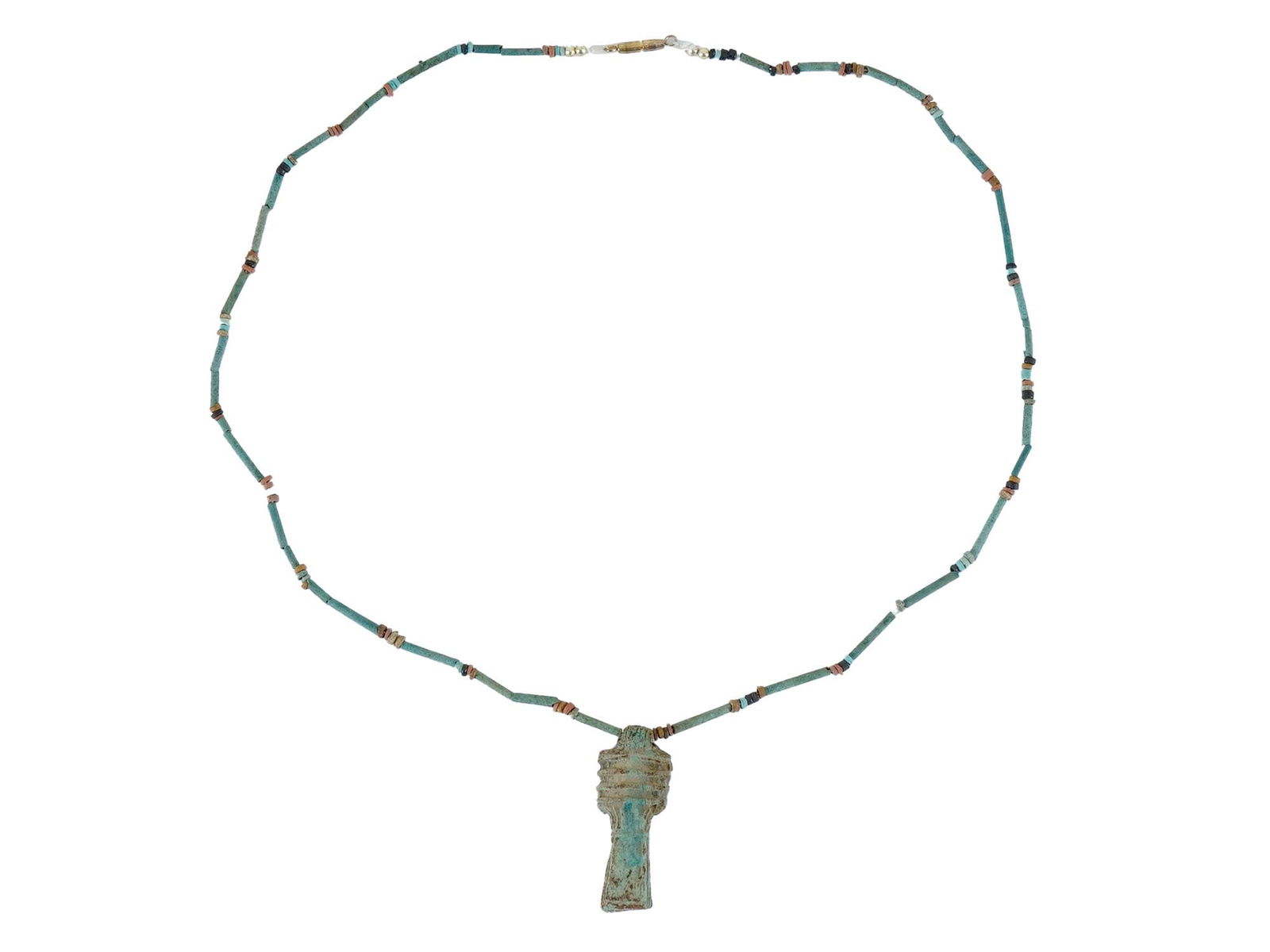 ANCIENT EGYPTIAN NECKLACE FAIENCE DJED PILLAR AMULET: An ancient Egyptian necklace dating to circa 300 BC, featuring a faience Djed pillar amulet and faience beads. The Djed symbol represents stability and endurance, while the beads enhance the pieces de
