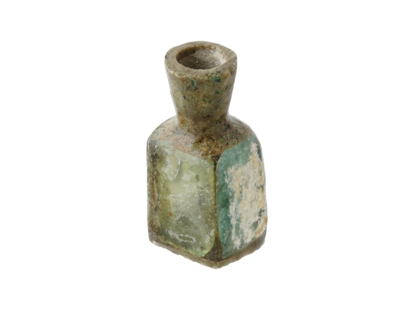 100 AD ANCIENT ROMAN GLASS PERFUME BOTTLE: An ancient Roman glass perfume bottle. Circa: 100 AD. Presumably used for perfume, the bottle with an elongated neck and a flared mouth. Ancient Roman Glassware and Collectibles, Museum Pieces, and Hi
