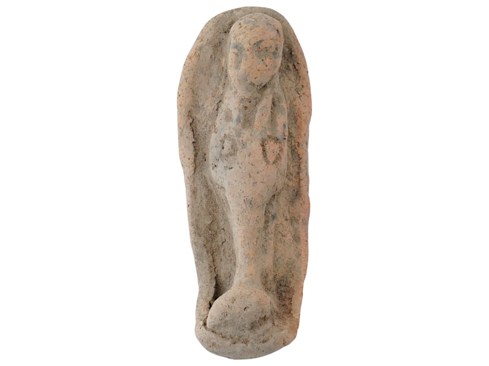 ANCIENT EGYPTIAN 18TH DYNASTY CLAY USHABTI FIGURE: An Ancient Egyptian clay ushabti figurine. 18th Dynasty, 1570 to 1342 BC. The ushabti or shabti is a type of funerary figurine used in ancient Egyptian funerary practices to impersonate the deceased. 