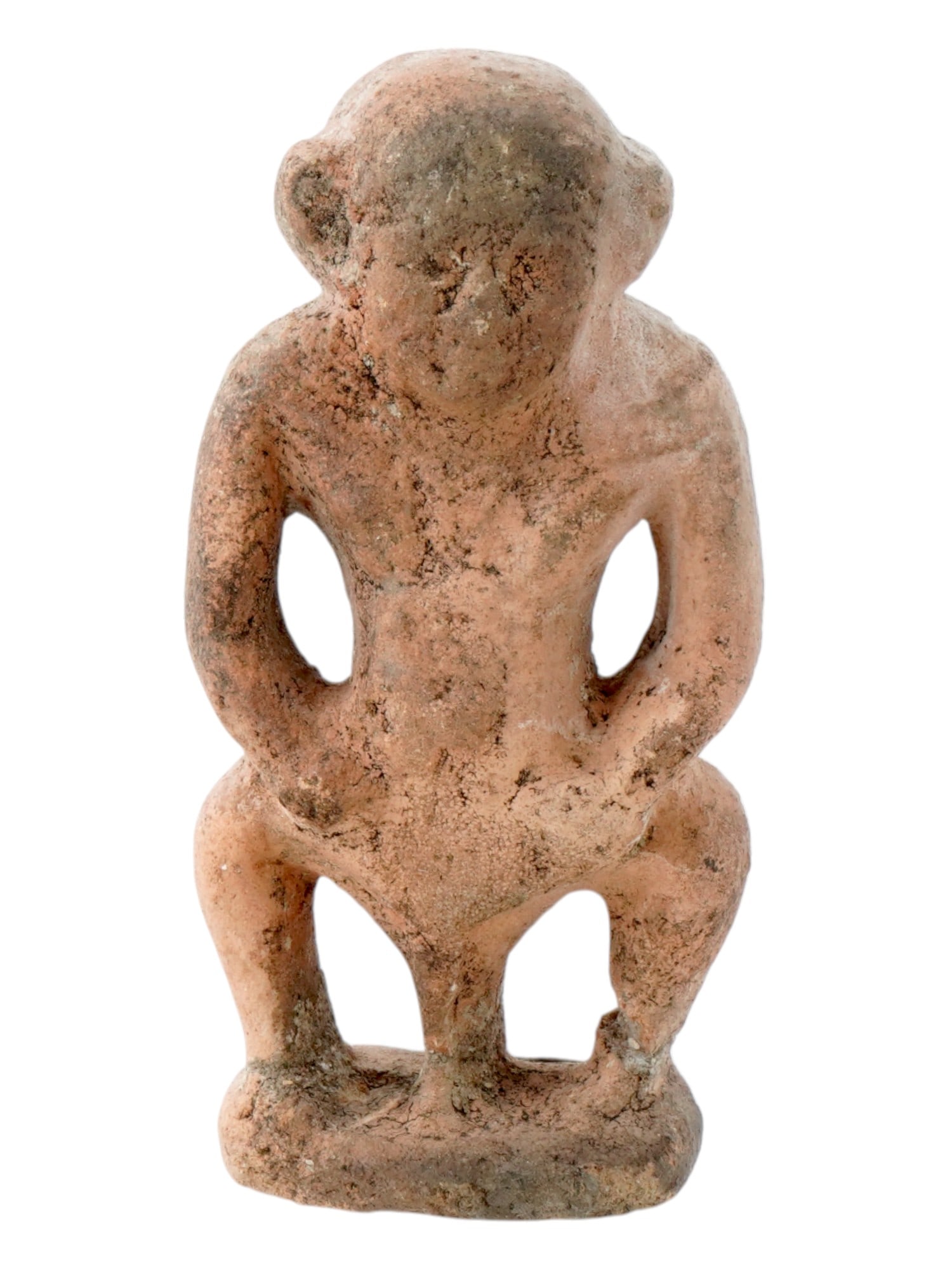 ANCIENT EGYPTIAN MYTHOLOGICAL TERRACOTTA FIGURE OF BES: An ancient Egyptian terracotta figure of Bes, the protector deity known for guarding households and warding off evil spirits. This expressive figurine captures Bess distinctive features with tradition