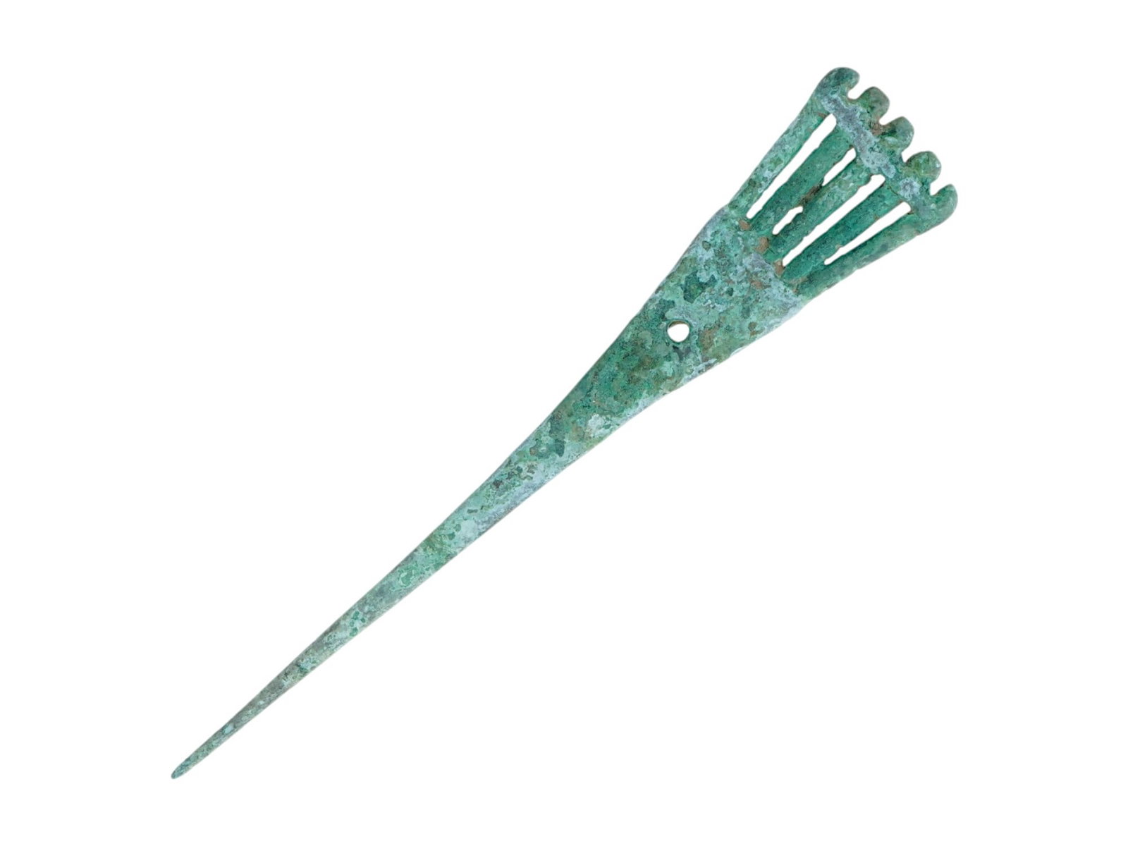 ANCIENT MESOPOTAMIAN BRONZE CEREMONIAL GARMENT PIN: An ancient Mesopotamian bronze ceremonial garment pin, dating circa 1200 BC. The pin features an elongated shaft topped with a distinctive finial of five prongs, likely symbolizing status or holding r