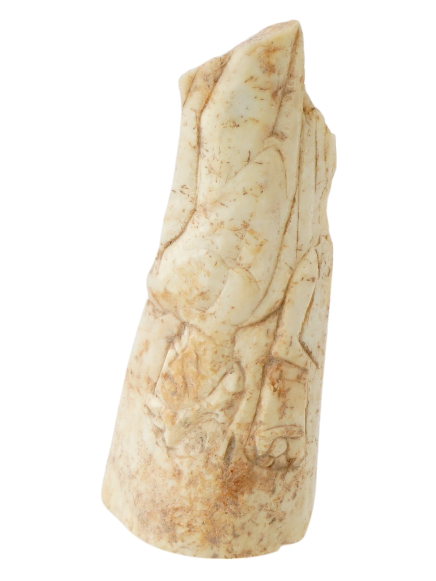 ANCIENT ROMAN EGYPT CARVED NATURAL MATERIAL FRAGMENT: An ancient Roman Egyptian hand carved probably from natural material fragment. The ware has a cylindrical shape, and adorned with an engraved image representing a nude male figure holding an object. C