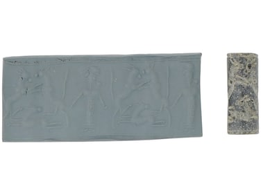 ANCIENT CARVED STONE SEAL WITH ANIMAL AND HUMAN FIGURES