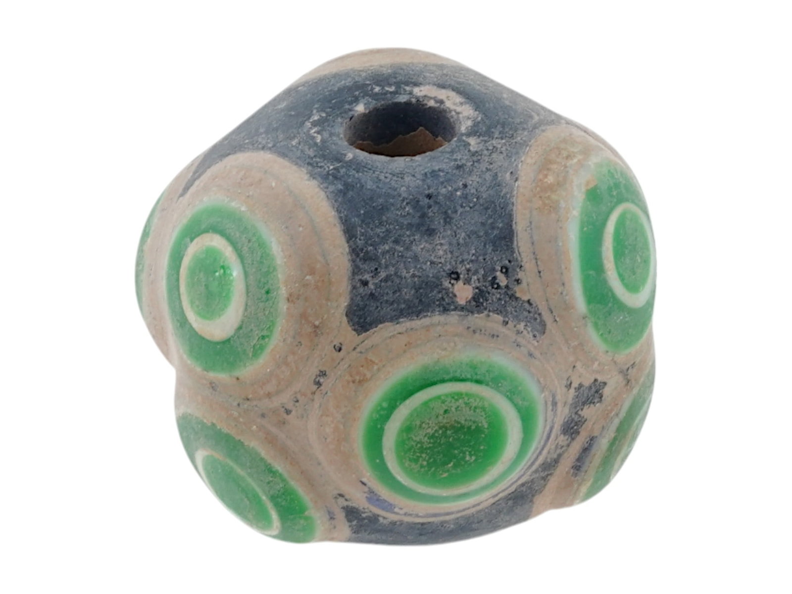 ANCIENT PHOENICIAN FUSED GLASS BEAD 500 TO 300 BC: An ancient Phoenician fused glass bead of black, beige, and green colors. Persian period, ca. 500 to 300 BC. Historical Collectibles, Archaeological Relics, Mineral Stone Jewelry. THIS LOT IS E