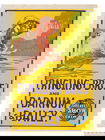 VTG AMERICAN CIRCUS POSTER RINGLING BROS HIPPOPOTAMUS: A vintage American circus poster for Ringling Bros and Barnum and Bailey, featuring a Nile hippopotamus. This color lithograph poster showcases the grandeur of the exotic animal attractions. Dating to