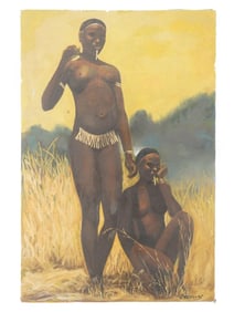 ATTR TO W KEARNEY AFRICAN TRIBAL WOMEN OIL PAINTING